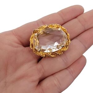 Vintage Gold-Tone Oval Brooch with Large Faceted Crystal